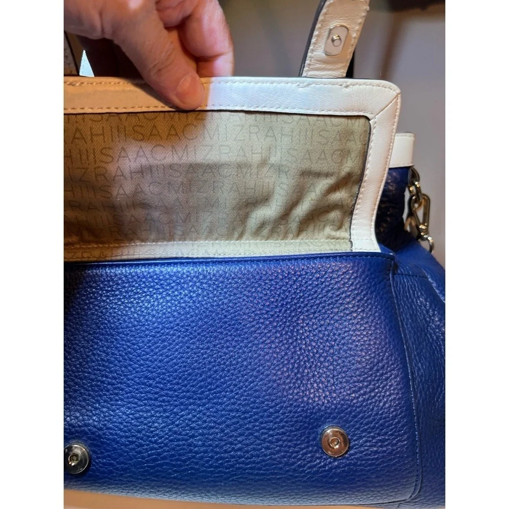 Navy & Cream Leather Satchel – Classic Buckle Detail Shoulder Tassel Bag GUC